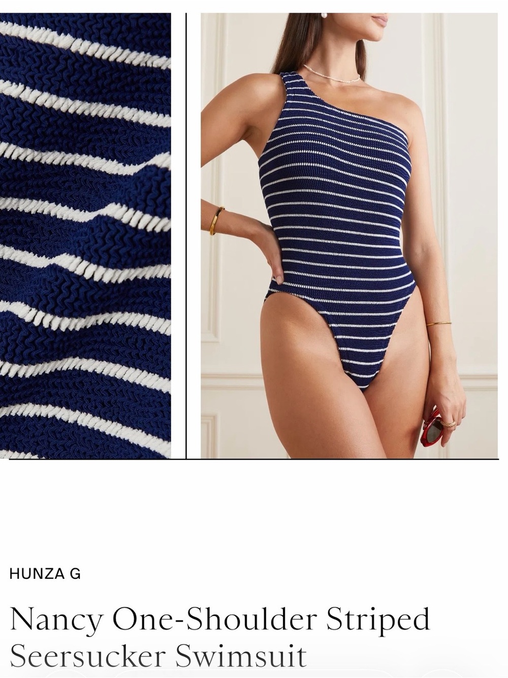 Hunza G one shoulder blue and white stripe one piece